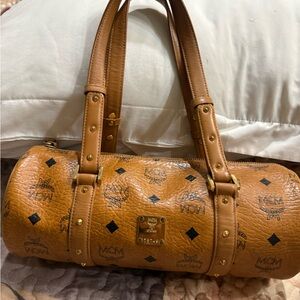 MCM Cognac Visetos Barrel Bag with Black Logo Print